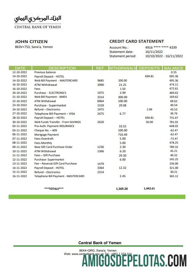 Modelo de extrato bancário do Banco Central do Iêmen